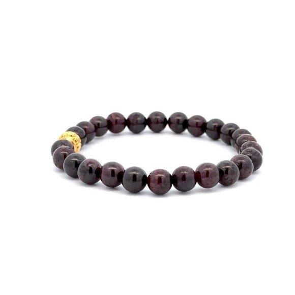 18K Gold Ball Coin Lucky Charm Bracelet Natural Garnet Gemstones 5.5-6mm - Picture 7 of 9